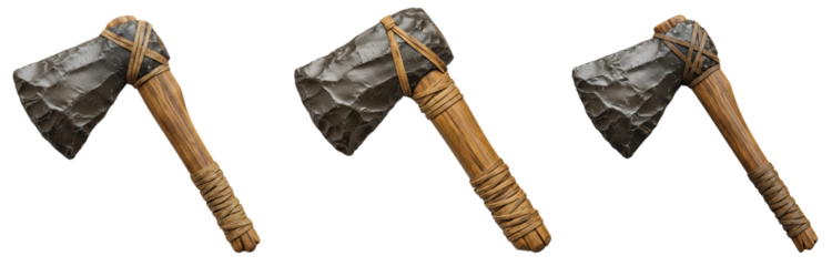 Set of primitive hand axes made of stone and wood on transparent background  