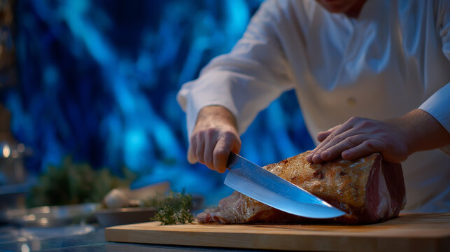 Butcher skillfully cutting a roast with cleaver in a shop