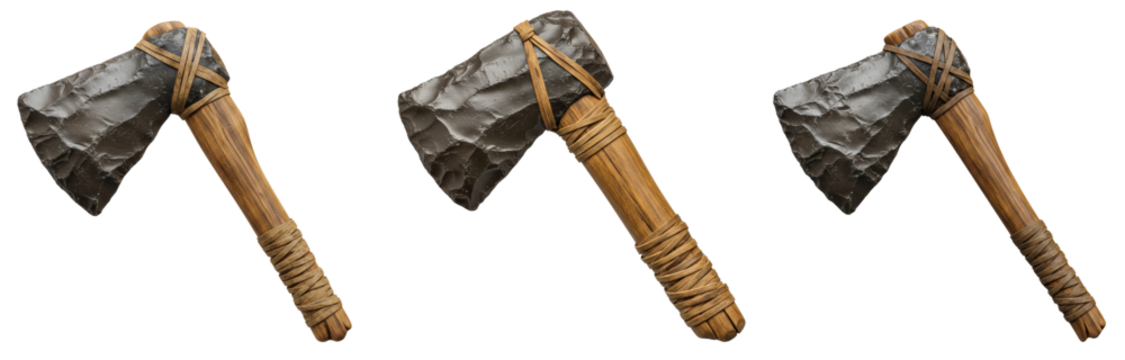 Set of primitive hand axes made of stone and wood on transparent background  