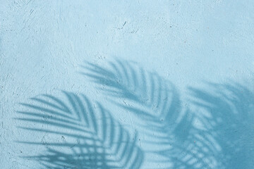 Palm leaf shadow on light blue concrete wall with natural sunlight. Minimalist tropical background...