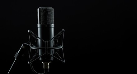 Studio microphone on black background with copy space