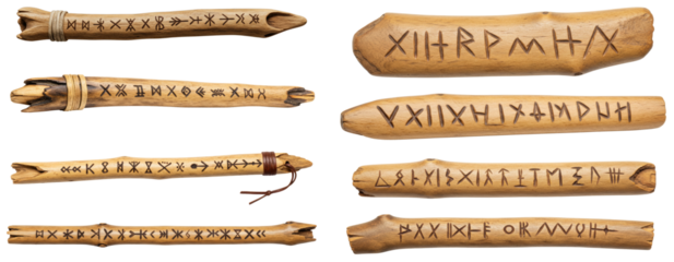 Set of primitive message sticks with ancient symbols on transparent background  