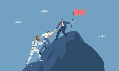 Businessman pulls his teammate up to top mountain, Robot helping business team, Using artificial intelligence to support business, Business development progress, Concept of helping company