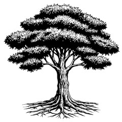 Oak Tree Silhouette: A captivating monochrome illustration showcasing the robust form and intricate details of an oak tree.