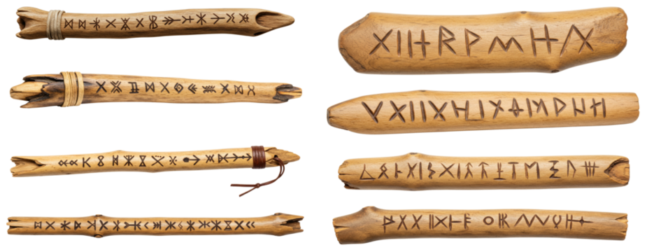 Set of primitive message sticks with ancient symbols on transparent background  