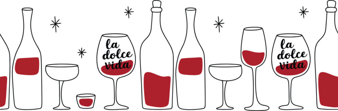 La dolce vita wine bottles and glasses vector illustration for italian themed party and events decor