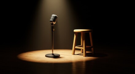 Dramatic Cinematic Spotlight on Vintage Microphone and Wooden Stool on Dark Stage