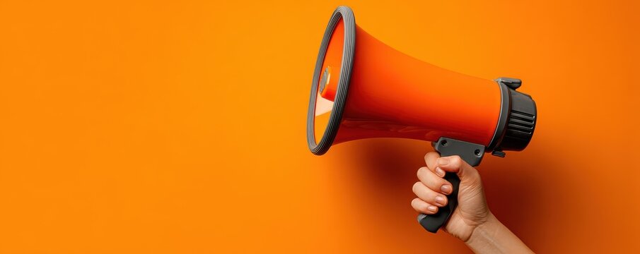 Bright Orange Megaphone Held Up Against Vibrant Orange Background for Attention-Grabbing Communication