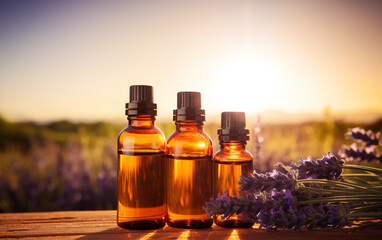 Amber bottles with oil and lavender flowers on a wooden surface at sunset