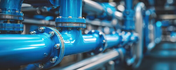 Blue Industrial Pipes in a Modern Facility Focusing on Detail and Connectivity in a Complex System