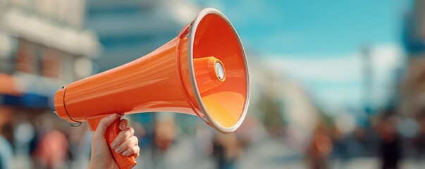 Bright orange megaphone held by hand against a blurred city background showing urban life and communication concept