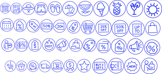 Blue line icon set for summer sales and shopping, featuring beachwear, discounts, drinks, delivery, and promo tags. Great for ecommerce, ads, and seasonal design.