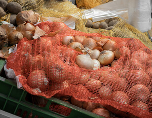 Onions and potatoes vegetables at the farmer's market