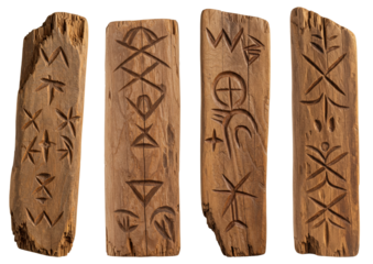 Neolithic artifact with carved symbols on wooden tablets concept of on transparent background  