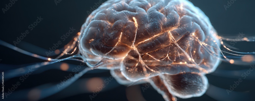 Poster human brain with neural connections illuminated by glowing tendrils highlighting neurobiology and co