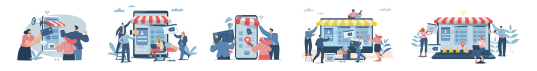 Set of website building and web design concepts, Creating online shopping store concepts, Business team is working on developing web design for laptops and smartphones. Flat vector design.
