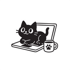 Cute Black Cat Sitting on Laptop Illustration
