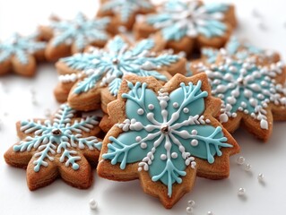 Fototapeta premium Festive snowflake-shaped cookies decorated with icing