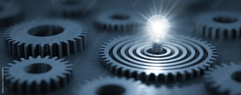 Poster abstract concept of innovation with gear mechanisms and illuminating light bulb in dark background