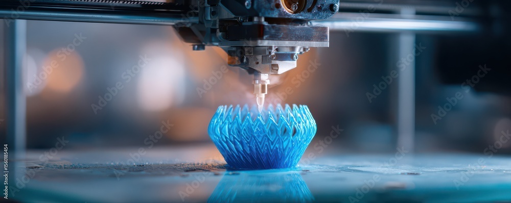 Poster close-up of a 3d printer creating a blue object in a high-tech workshop environment with focus on pr