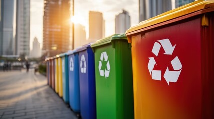 Row of street recycling bins in vibrant colors with universal recycling symbols, city skyline in background, early morning light