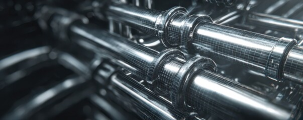 Close-Up View of Metallic Pipes and Connectors in a Futuristic Industrial Setting with Bright Reflection