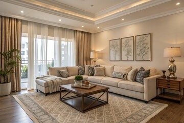 Modern Transitional Living Room with Neutral Color Palette and Elegant Decor