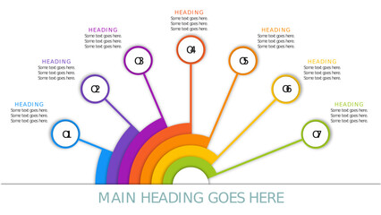 Colorful 7 Step Radial Timeline Infographic Design. Fully Editable SVG for PowerPoint, Web, Illustrator, and most vector-based applications. Ideal for presentations, infographics, and business slide .