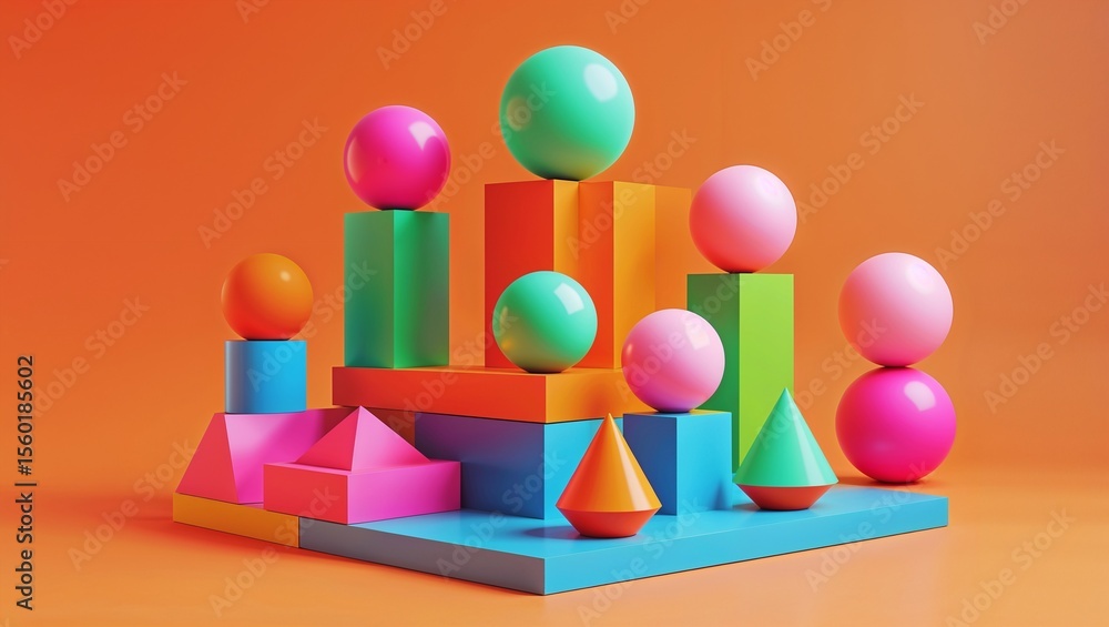 Fototapete colorful geometric shapes create a playful and vibrant 3d composition against an orange backdrop, sh
