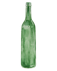 Watercolor illustration of a tall green glass bottle. Hand-painted, artistic and realistic depiction of an empty wine or olive oil bottle. Perfect for culinary, eco, or packaging designs.