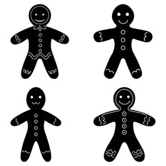 Four black gingerbread men with different designs and smiles on a white background are displayed here