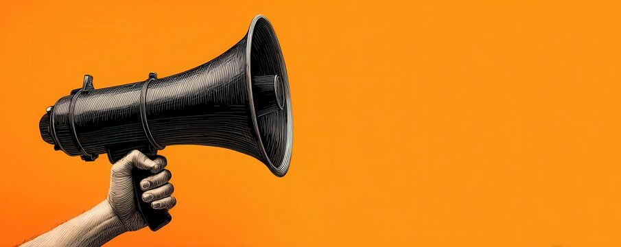 Hand Holding Vintage Megaphone Against Bright Orange Background for Announcement or Communication Concept