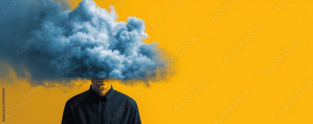 Poster man with cloudy mind on bright yellow background representing thoughts and emotions in modern art st