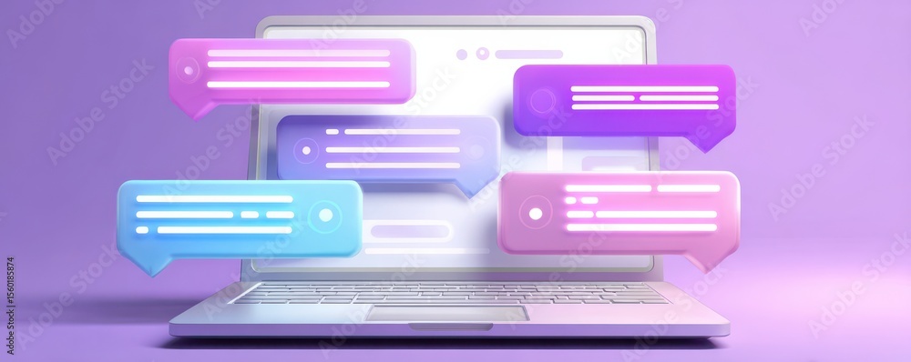 Poster colorful notification bubbles with laptop displaying messages against a stylish purple background