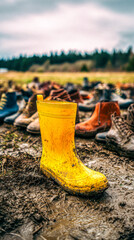 Yellow Rubber Boot Among Other Boots in Mud