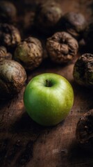 Green Apple with Dried Persimmons on Wood
