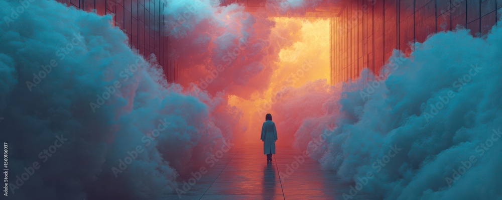 Poster surreal scene of a person walking through colorful clouds with dramatic lighting and an abstract bac
