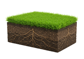 A precisely cut rectangular patch of lush green grass with a visible cross-section revealing dark brown soil and intricate roots, isolated on a transparent background with copy space, concept of soil