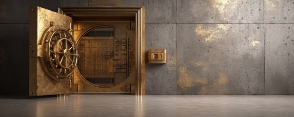 Majestic golden vault door open against a textured grey wall, showcasing intricate design and robust security features