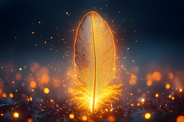 Luminous feather standing on ground emitting a soft glow, surrounded by bokeh lights against a dark background