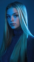 Young Woman Portrait with Blonde Hair and Blue Lighting