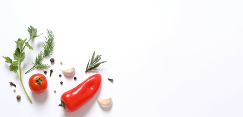Fresh vegetables with herbs and spices, top view, space for text