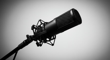 Fototapeta premium Black Studio Condenser Microphone on Stand in Dramatic Grayscale Lighting Product Shot