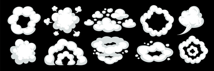 Cartoon smoke cloud with trail effects in dynamic motion style on black background. Smoke and cloud vector elements in cartoon comic design. Great for animation, games, and graphic scenes