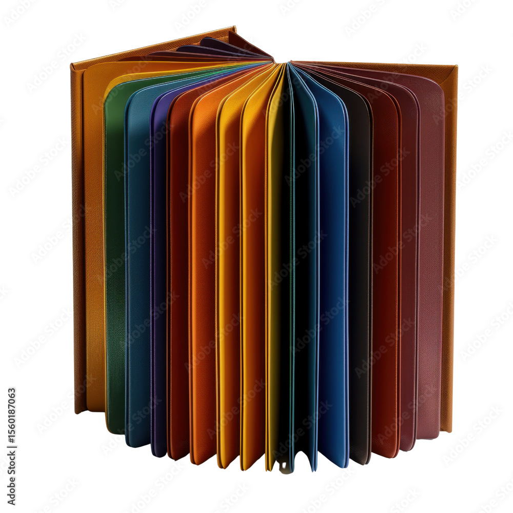 Poster vibrant collection of colorful pages in book, showcasing spectrum of hues from orange to blue, creat