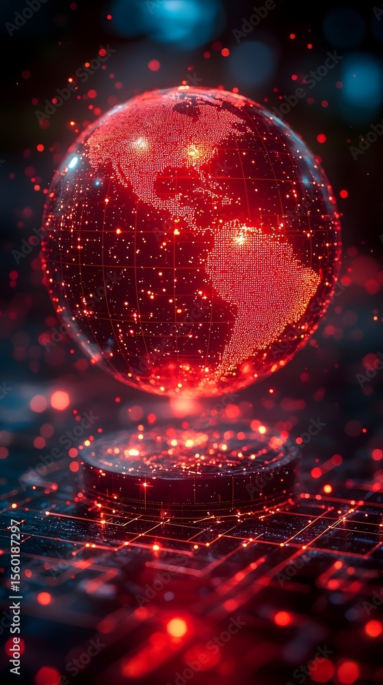 Poster glowing red holographic globe surrounded by digital data points