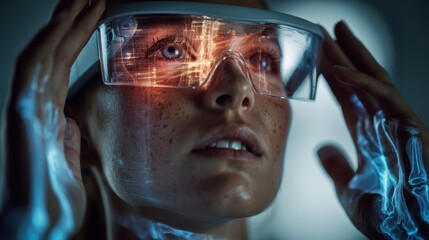 Woman gazes intently through futuristic augmented reality glasses, data streams illuminating her face in a vibrant display of technological wonder.