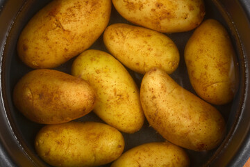 An overhead view of many young potatoes partially submerged in water inside a pot, ready for cooking