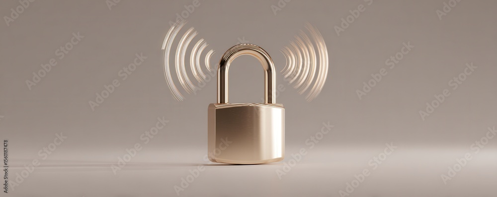 Poster golden padlock icon with sound waves illustrating security and protection in digital data safeguards