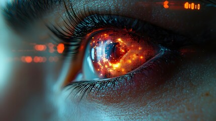 Robotic eye scanning the environment with a red digital HUD overlay